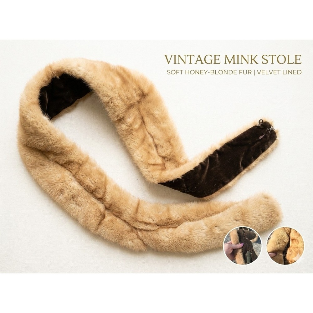 Vtg Honey Blonde Mink Fur Collar Stole‎ Wrap 1950s 60s Brown Velvet Lined MCM